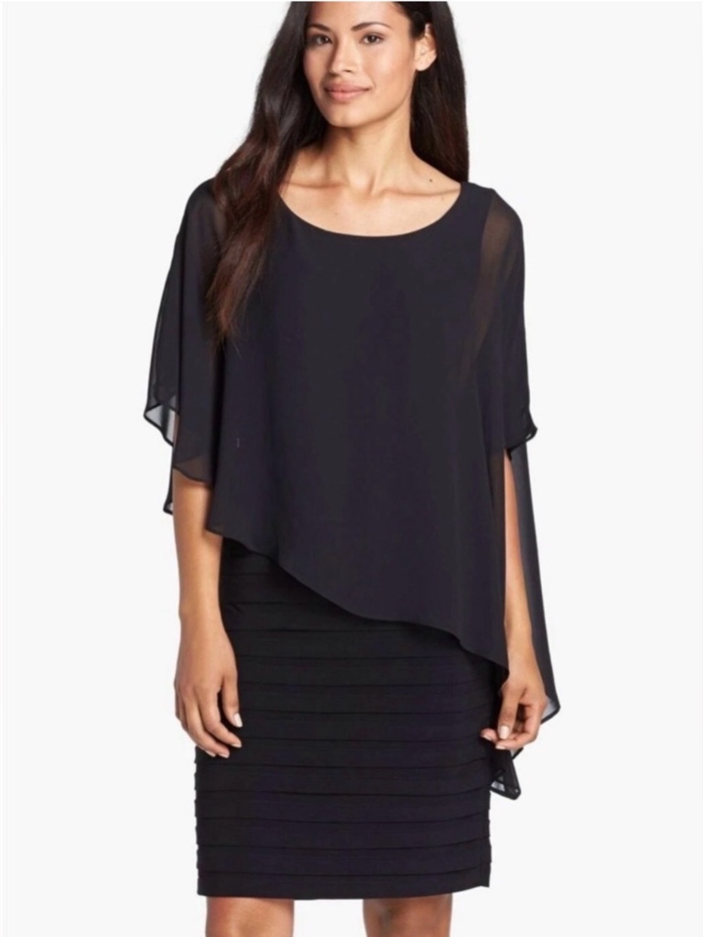 Adrianna Papell Chiffon Overlay Pleated Sheath Cocktail Dress, Black, Size 4